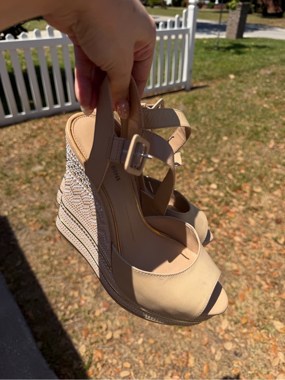 Gianni Bini Nude Beige Rhinestone Wedge Sandals